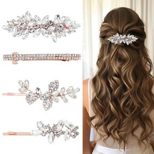 4 Pieces Rhinestone Hair Clips Leaf Wedding Pins Crystal Bobby Rose Gold