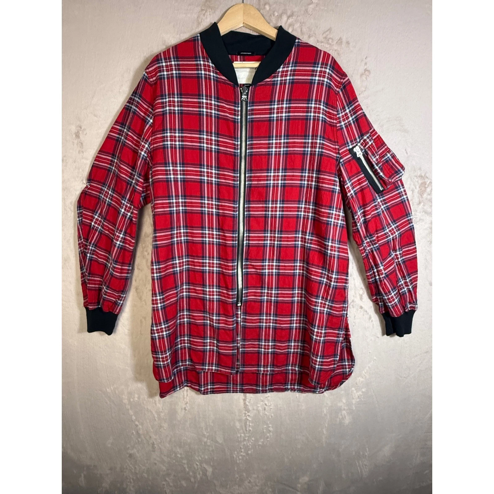 R13 Flight Shirt Mens XL Red Plaid Japanese Fabric Zip Up Bomber Jacket Longline - product detail image 1