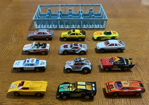 Lot of 12 Vintage Matchbox Cars  In Blue Plastic Car Holder