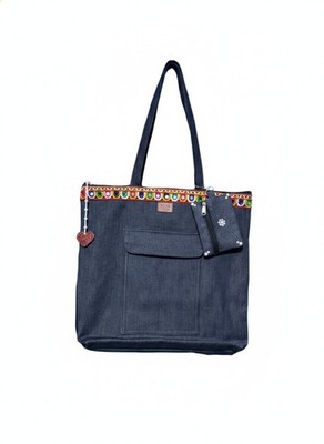 Denim Boho Beuteltasche groß mit Beutel Bommeln Damen Neu mit Etikett