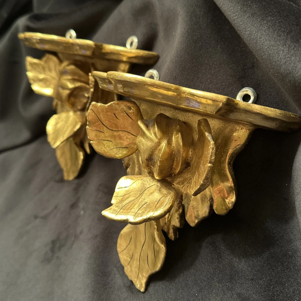 Пара винтажных итальянских позолоченных деревянных роз 1940-х настенные кронштейны полки - Изображение 2 из 4