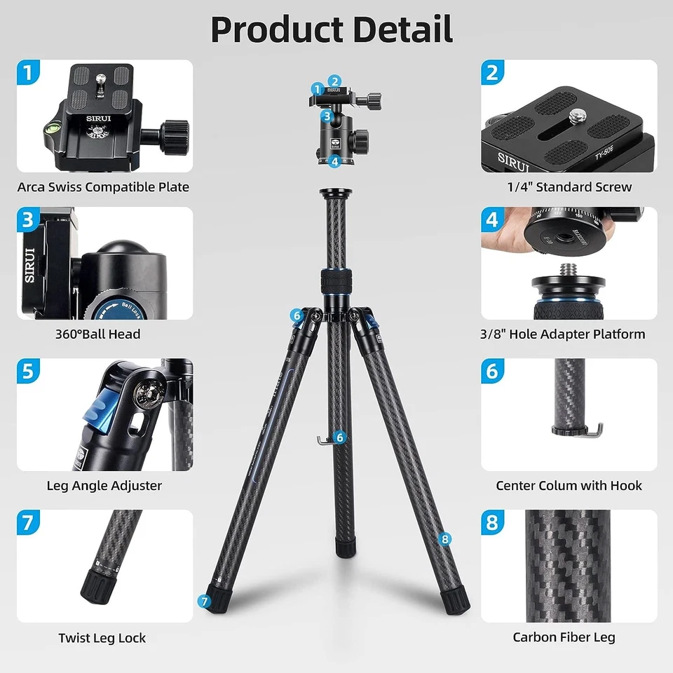 Sirui AT-125+E-10 Carbon Fiber Traveler XII Tripod w/ E-10 Ball Head 17 LB Load - Image 2 of 4