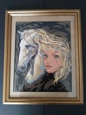 1972 Large Handmade Needlepoint Art Beautiful Lady With Horse Framed