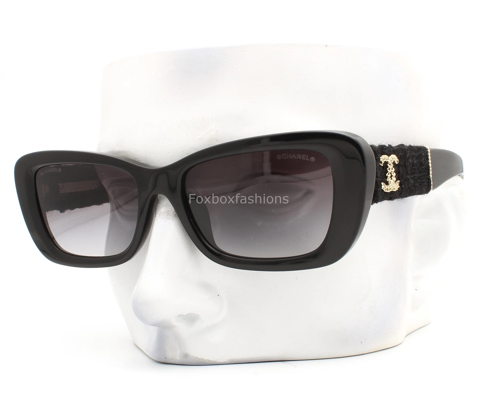 Chanel Sunglasses ch5514A 622/S6 Polished Black Tweed Gold CC Logo with Case NWT