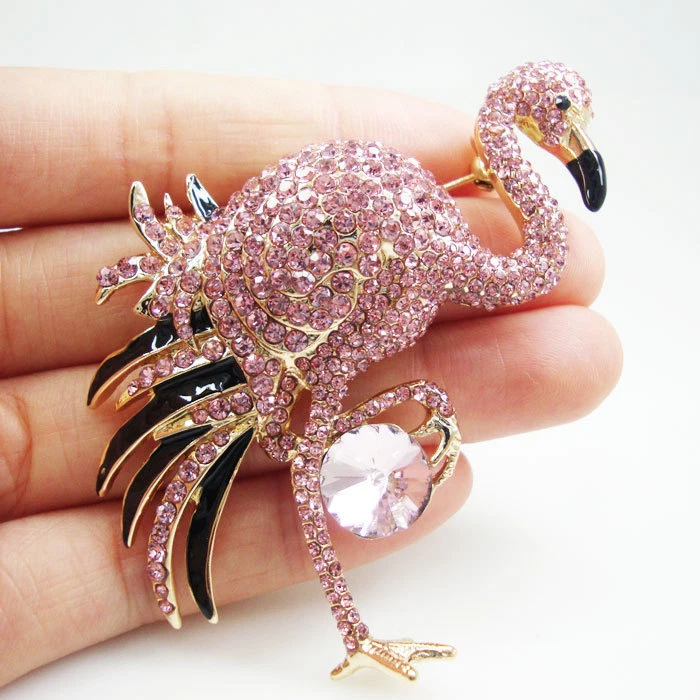 Pretty Austrians Crystal Flamingo Bird Gold tone Brooch Pin Pink