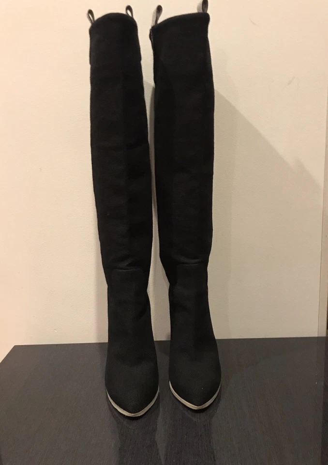 Reed Krakoff Black Leather/Canvas Knee-High Boots, size 37 - Image 3 of 4