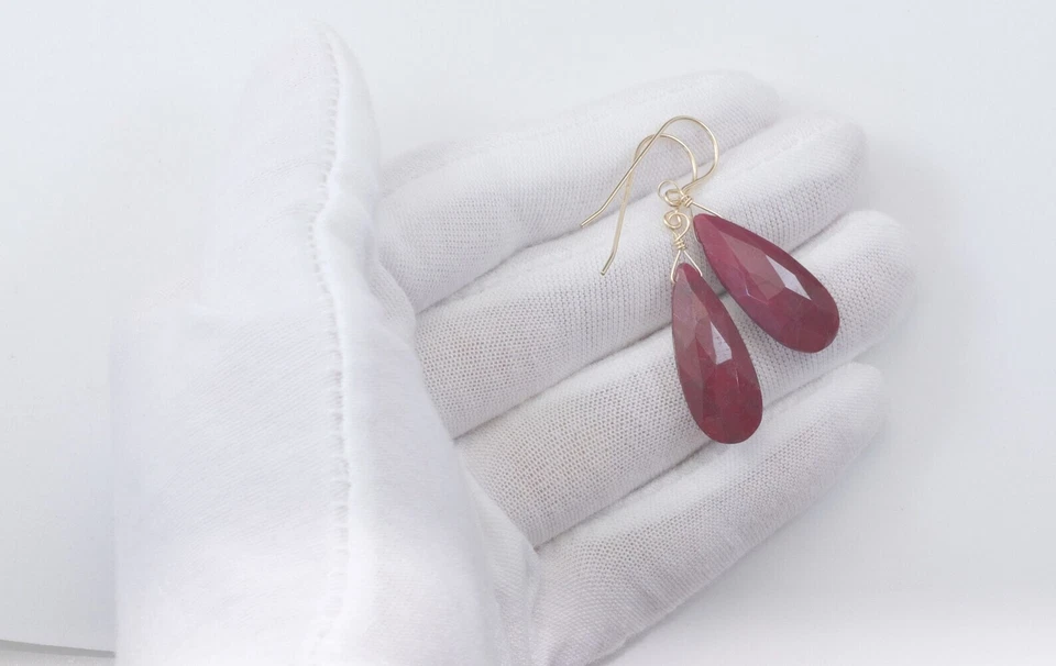 Pendientes Rubí Rico Corindón Rojo Gotas Largas Gotas Simples Plata de Ley 925 Foto 3 de 3