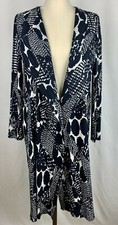 Chicos Travelers Blue White Pleated Long Open Coat sz 1 or 8/10 11814