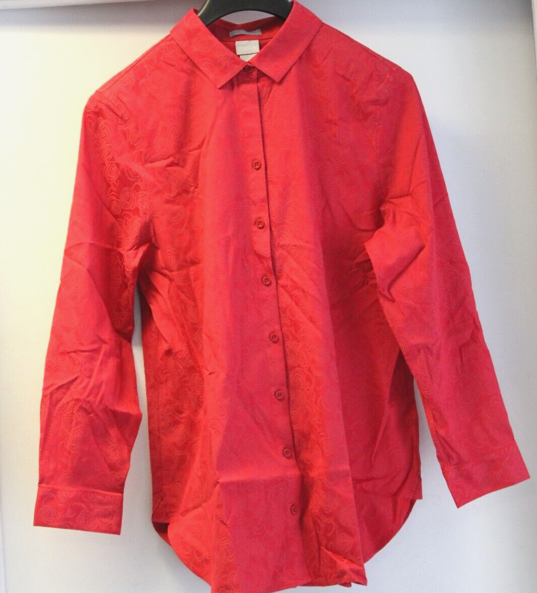 CHICO'S WOMEN SZ 14 BUTTON DOWN SHIRT NO IRON STRETCH ROSE LINES