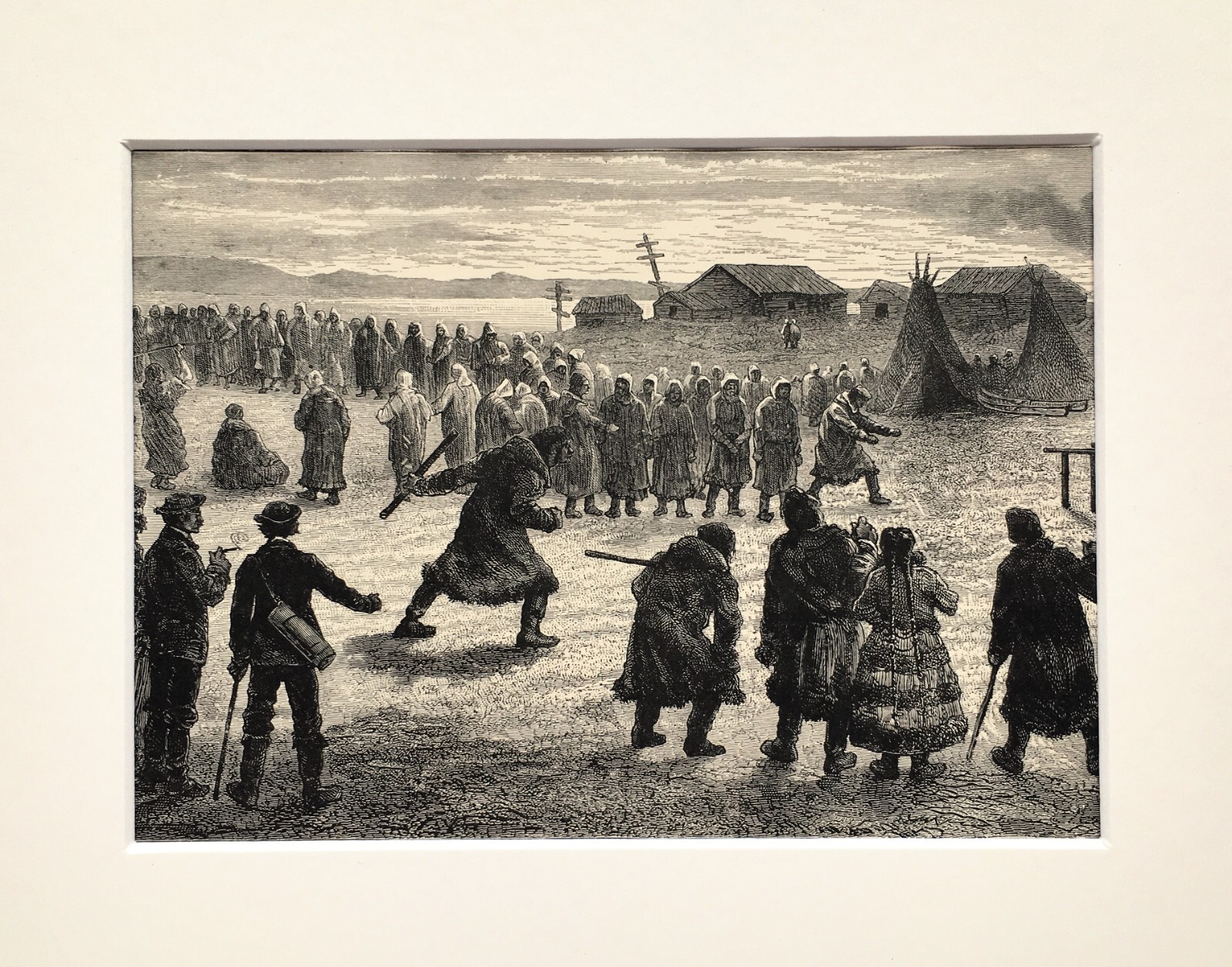 SAMOYEDOS JUGANDO JUEGOS DE HIELO, Estampado de Rusia - c. 1894 Montado Antiguo Grabado en B&W