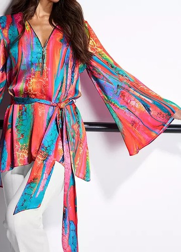 Size 12 - Julien Macdonald Print Stud Detail Belted Kimono Sleeve Satin Top - Picture 2 of 7