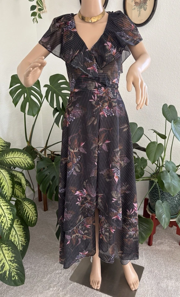 Vestido Maxi Boho Stevie Nicks Vintage Anos 80 Preto Brilhante Floral Envoltório em Camadas XS - Imagem 2 de 4