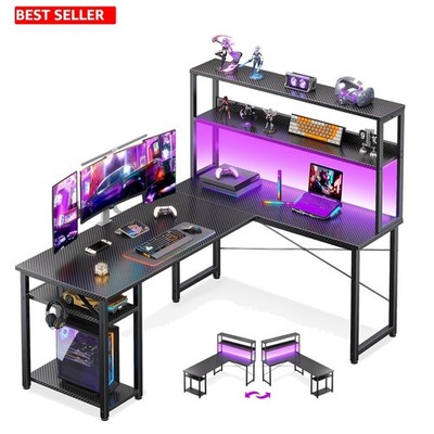 Elegant 53  Modern L-Shaped Gaming Desk with Storage Shelves & Headphone Hook