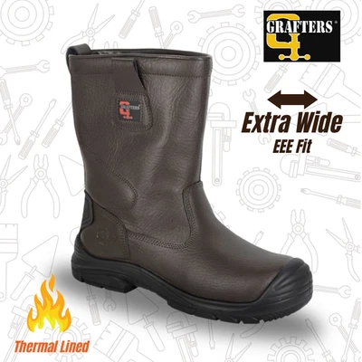 Mens Safety Rigger Boots Grafters EXTRA WIDE EEE FIT Brown S1 Fur Warm Lined Cap