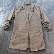 Rachel Zoe Houndstooth Ruched Sleeve Open Front Blazer Jacket Tan Black Small
