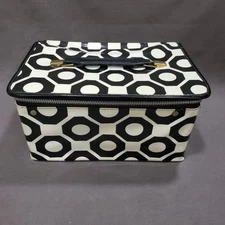 Mod Makeup Train Case Black White Vinyl Geometric 60s Retro Cosmetic Travel Box
