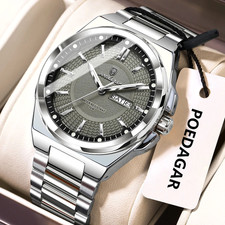 43MM POEDAGAR Quartz Watch Day-Date Men's Stainless 30M Waterproof Luminous NEW
