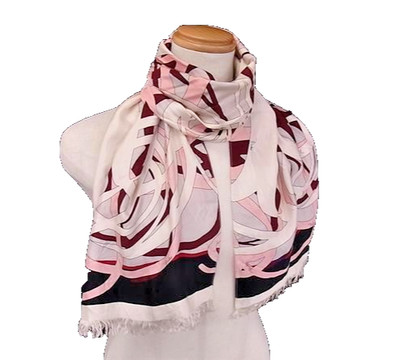 EMILIO PUCCI Silk 100% Stole Scarf Geometric Fringe Ivory Multi 131x34 cm