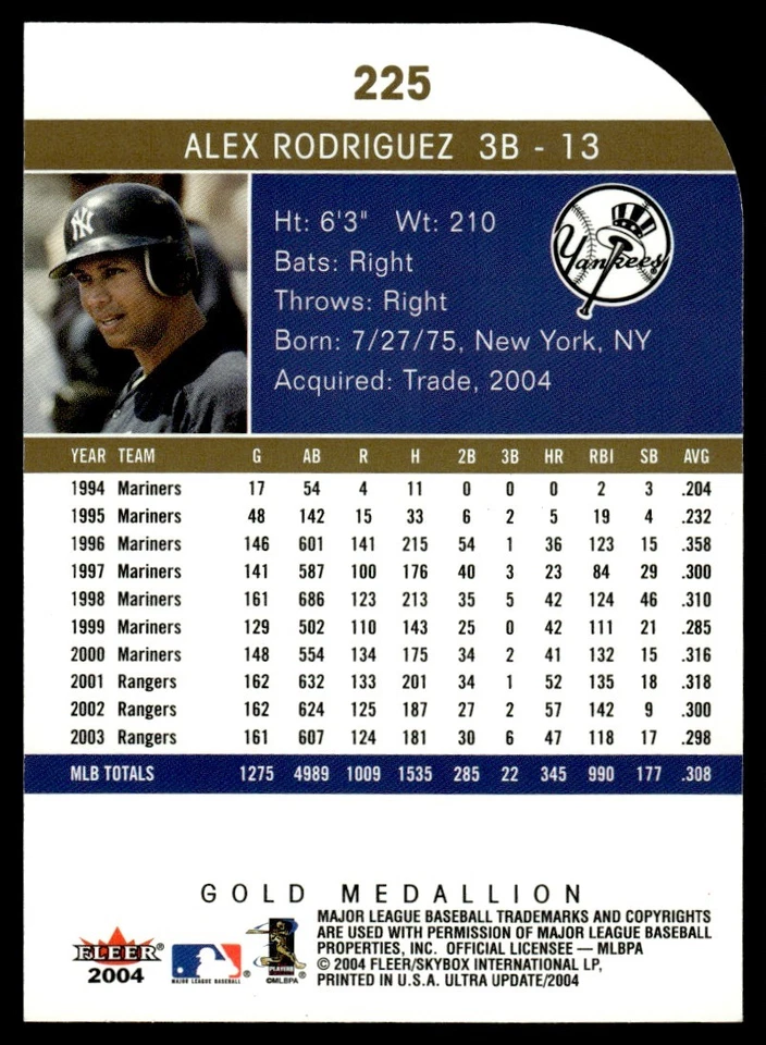 2004 FLEER ULTRA GOLD MEDAILLION DIE CUT Alex Rodriguez New York Yankees #13 - Image 2 of 2