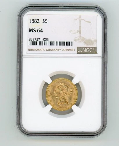 1882 GOLD LIBERTY HEAD HALF EAGLE 5$ NO SPOTS MS 64 NGC