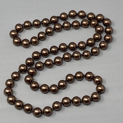 Glass Beaded Necklace Brown Metallic Hand Knotted Endless Shiny Vintage 28''