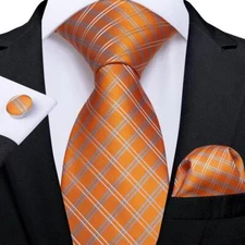 Fashion Mens Tie Orange Plaids Checks Necktie Handkerchief Cufflinks Set Wedding