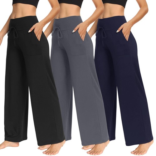 3 Pack Women's Wide Leg Pants with Pockets - Casual Loose Yoga Trouser Pants ...