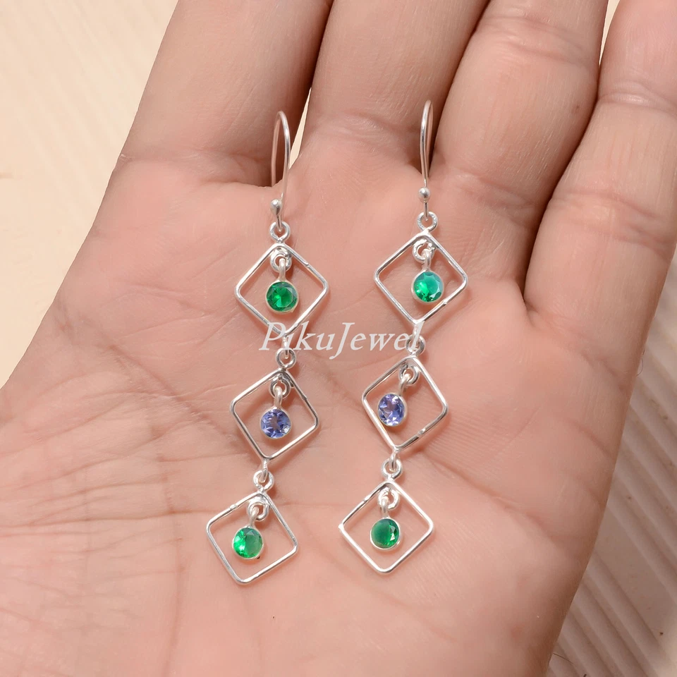 Pendiente de plata de ley 925 con piedras preciosas de corte de diopsido y amatista de cromo para mujer Foto 3 de 4