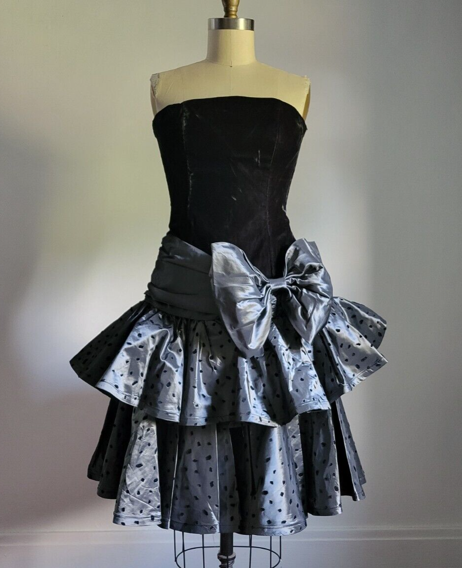80s black velvet dress VTG 80's STRAPLESS & GUN METAL TAFETTA w/ TIERED SKIRT 80s black dress