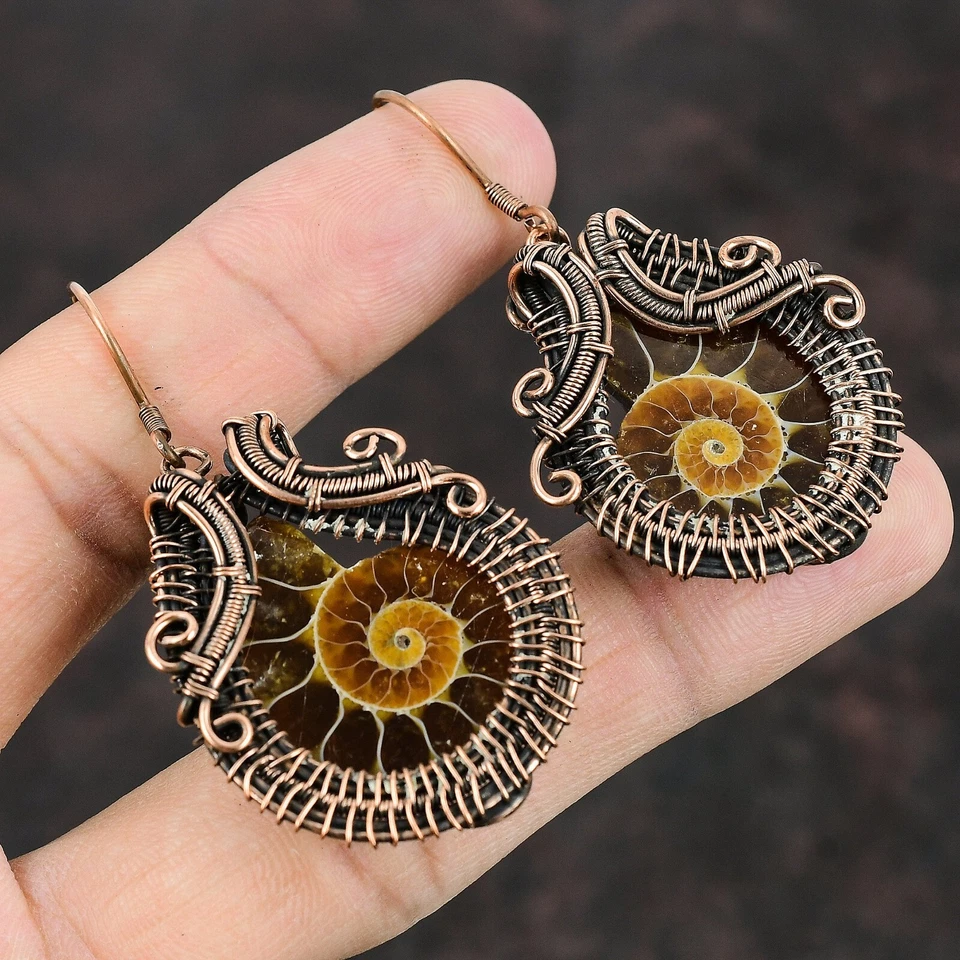 Ammonite Fossil Copper Valentine Gift Wire Wrapped Drop/Dangle Earrings 2.24" - Image 2 of 4