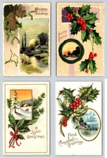 Christmas Greetings, Winter, Bells, Holly - Lot of 4 Postcards