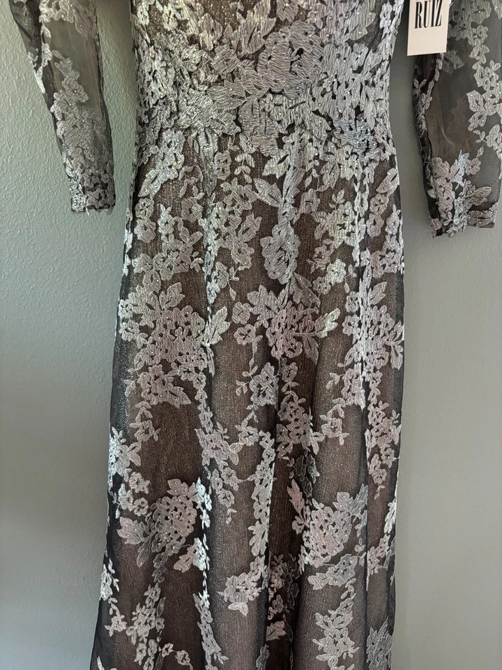 Nuevo con etiquetas Vestido Largo Formal Colección René Ruiz Para Mujer Talla 2 Peltre Encaje Forrado Foto 4 de 4