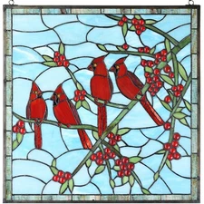W10089 Red Cardinals on Holly Branches Tiffany Style Stained Glass Window Pan...