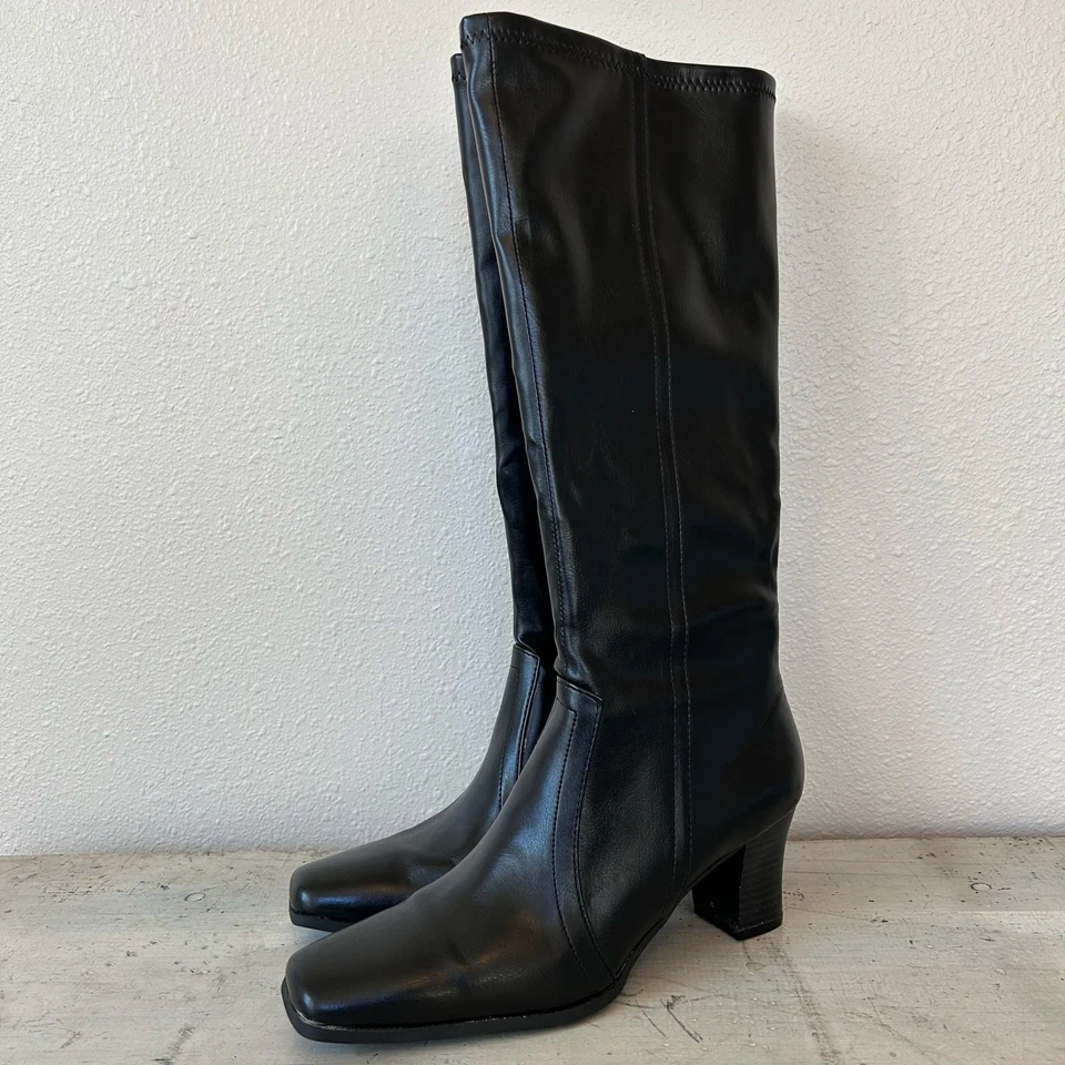 Predicciones Botas Altas Imitación Cuero Puntera Cuadrada Bloque Tacón Clásico Glam 6.5 Foto 2 de 4