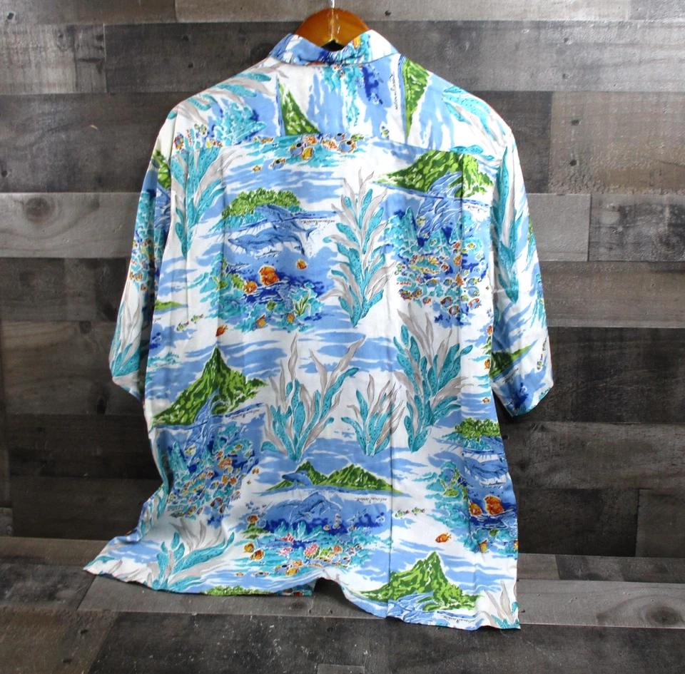 Reyn Spooner Hawaiian Shirt Mens Large Blue Robert Lyn Nelson Rayon Coral Reef - Image 3 of 4