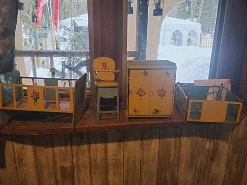 VTG J Chein Tin Litho Doll Furniture Set 1950s High Chair Crib Wardrobe Playpen