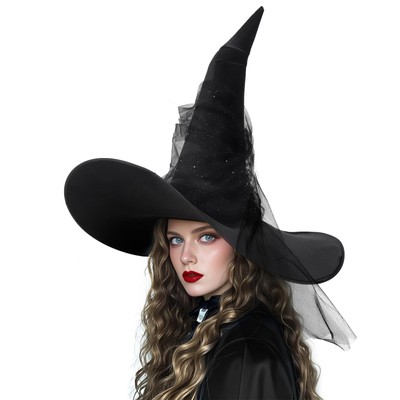 Women's Black Ruched Witch Hat Oversized Witches Hats Wide Brim masquerade Party