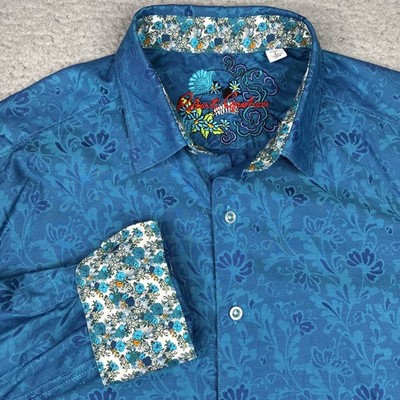 Robert Graham Flip Cuff Shirt Men s XL Blue Floral Jacquard Button Up