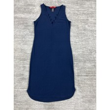 Hot Kiss Dress Womens Medium Blue Ribbed V-Neck Ruffle Trim Bodycon VSPD2758DNY