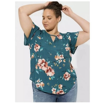 Torrid Harper Teal Floral Georgette Short Sleeve Pullover Blouse Size 3X