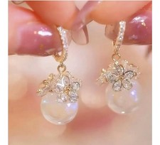 Flower Zircon Hoop Earrings For Women Wedding Engagement Faux Pearl Dangle