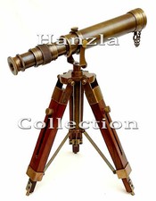 Nautical Antique Brass Telescope With Wooden Tripod Stand Collectible Desk Decor