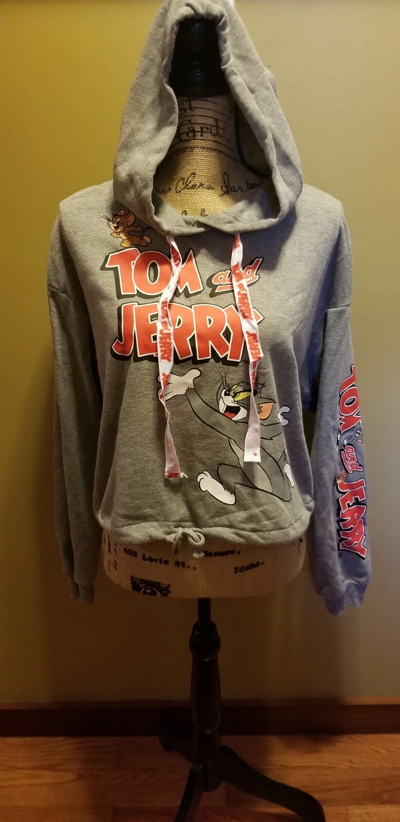 Preowned Juniors Tom And Jerry Hooded Cropped Sweatshirt Hoodie Gray M