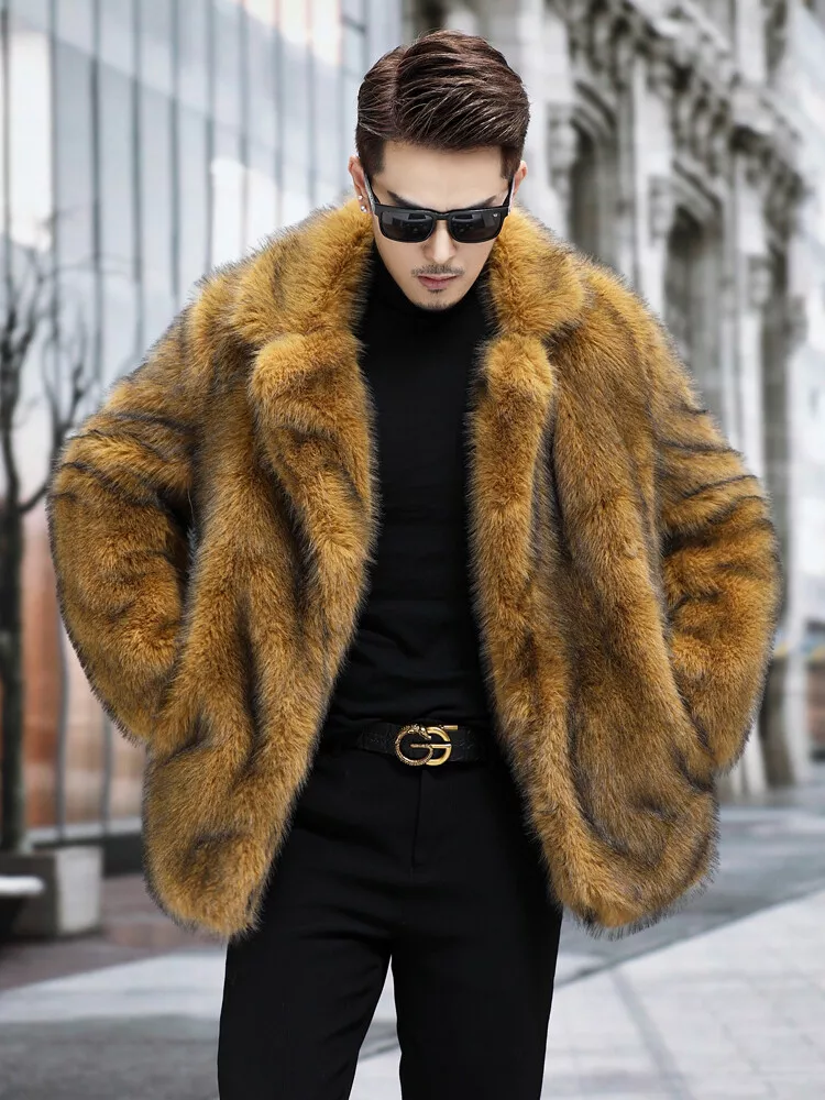 Men's Faux Fur Jacket Lapel Short Style Thickened Loose Casual Coat Winter  Warm