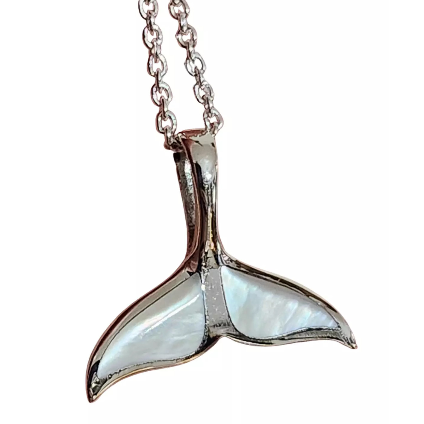 Whale Tail Mother of Pearl Necklace Pendant Nautical 925 Sterling Silver & Boxed