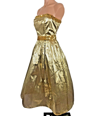 strapless open back dress Gold Pleated Metallic Lamé Gown, US 8
