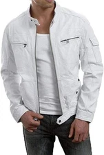 Men's White Leather Jacket Biker Slim fit Real Lambskin Leather Jacket Coat NF4