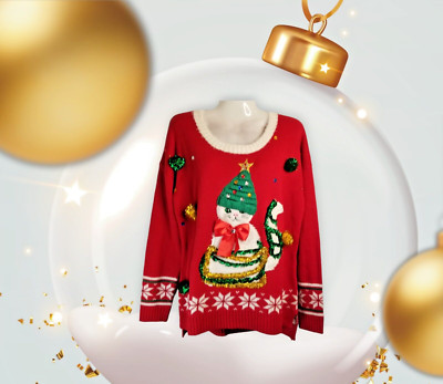 Women's CAT Sweater Holiday Applique Pom-Poms Gems Red Cat Christmas New M