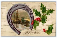 c1910's Merry Christmas Horseshoe Holly Berries Nash Embossed Antique Postcard