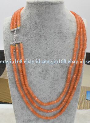 Genuine 3 Rows Faceted Orange Topaz Rondelle Gemstone Beads Necklace 17-19'' AAA+